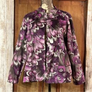 CHICO’S ADDITIONS 2 Jacket Floral Button down Pockets Purple Black White Floral